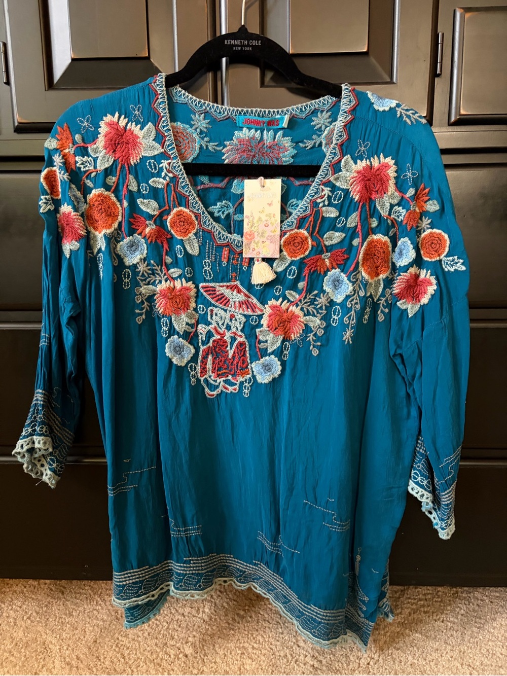 Johnny Was Teal Embroidered Floral Peasant Blouse- Hamayu Blouse